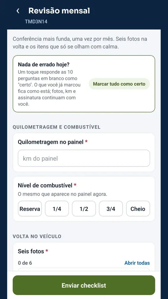 Tela de checklist do app Alertha com o botão marcar tudo como certo, quilometragem e nível de combustível