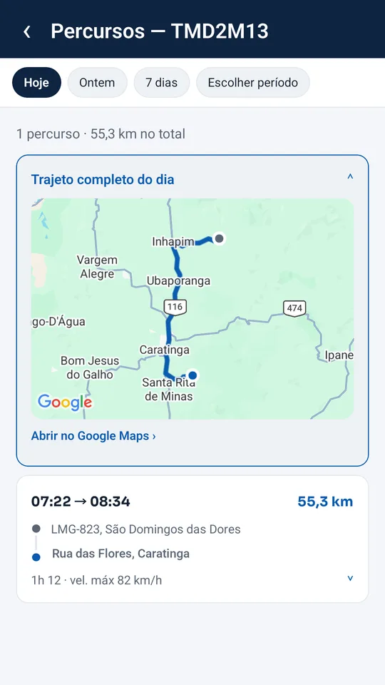 Tela de percursos do app Alertha: trajeto completo do dia no mapa e lista de percursos com horário e distância