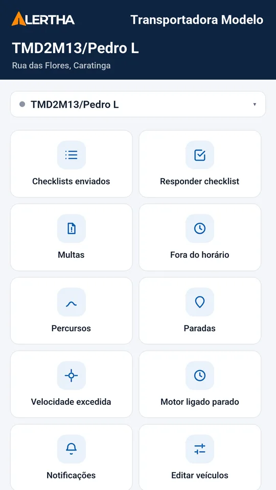 Tela de relatórios do app Alertha com atalhos para checklists, multas, fora do horário, percursos e velocidade excedida